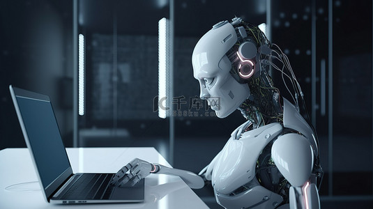 呼叫中心背景图片_未来主义的 3d 渲染半机械人或机器人戴着耳机并使用电脑笔记本进行 ai 工作
