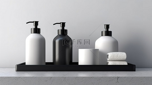 卫生用品背景图片_3D 渲染浴室产品套装陶瓷瓶肥皂毛巾和桌面复制空间