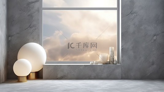 大理石讲台上的高架产品展示，具有美观的灰色背景和展示天空 3D 渲染的窗口
