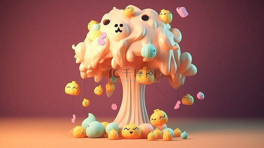 万圣节主题背景 3D 渲染卡通风格树与糖果鬼和南瓜