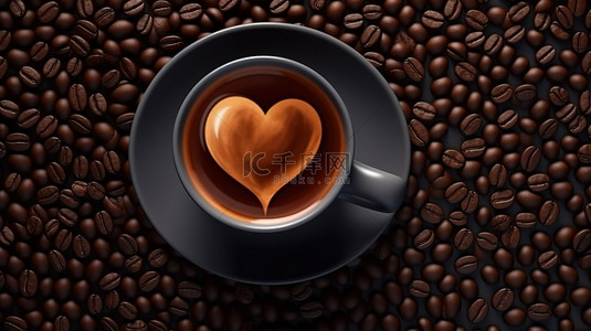 平躺 3D 渲染背景，配有逼真的咖啡豆和一杯咖啡的心形排列