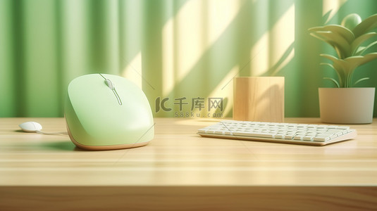 阳光墙壁桌子背景图片_带笔记本电脑鼠标的木桌和柔和的绿色墙壁在阳光下的 3D 渲染图像中