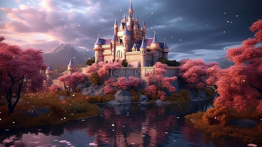 公园世风景背景图片_花卉天堂中迷人的哥特式堡垒 3D 插图