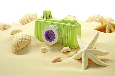 一台绿色相机坐落在贝壳旁边的沙滩上