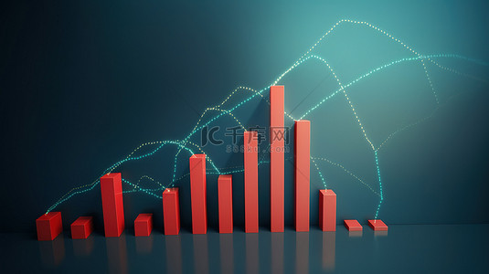 电子商务科技背景背景图片_蓝色背景下 3d 渲染中带红色箭头的条形图上升