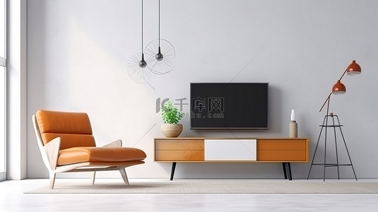 现代客厅配有白色壁挂式电视柜和 3D 创建的充满活力的橙色扶手椅
