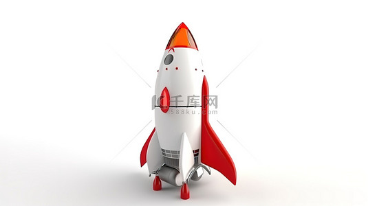 白色背景下为太空旅游设计的卡通火箭的 3D 渲染