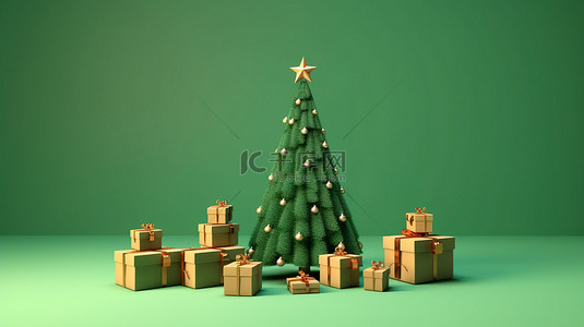 绿色背景上圣诞树礼品标签的独立 3D 渲染