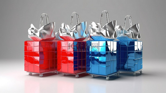 3d店铺模型背景图片_3d 模型中带轮子的彩色购物袋