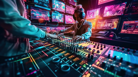 夜总会活动中，专家 DJ 在时尚的控制器板上旋转节拍，增强了 3D 故障效果