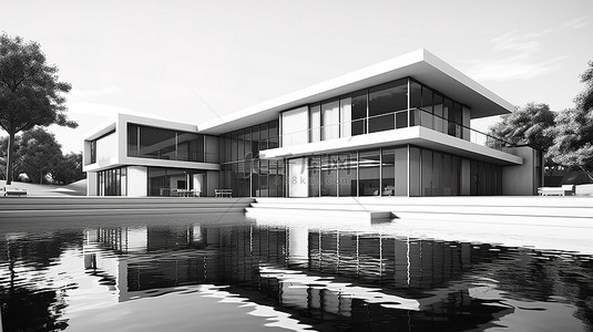 当代豪华住宅设计黑白 3D 插图视图