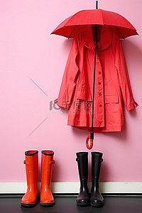一把黑色的雨伞一件红色的雨衣和靠墙的红色靴子