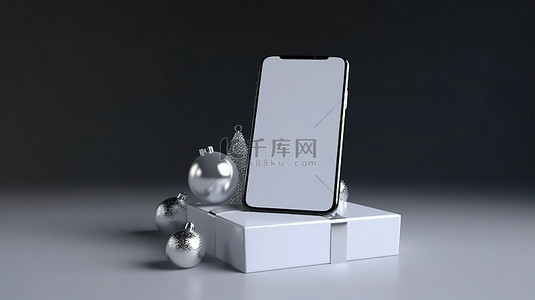 网店横幅背景图片_网上购物 3D 渲染白屏手机和新年礼物