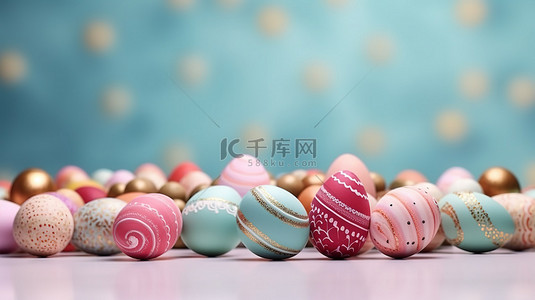 绿色明信片卡片背景图片_3d 鸡蛋和节日装饰营造出快乐的复活节假期背景