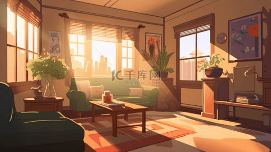 家里的背景背景图片_客厅阳光沙发暖色卡通背景
