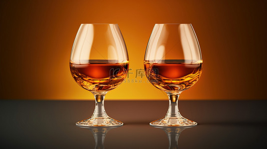 一对用于干邑白兰地和威士忌的玻璃高脚杯的真实 3D 插图