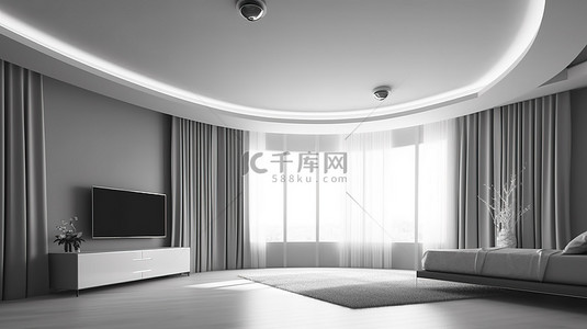 灰色窗帘背景图片_简约的白色装饰使空荡荡的房间配有电视柜和灰色窗帘