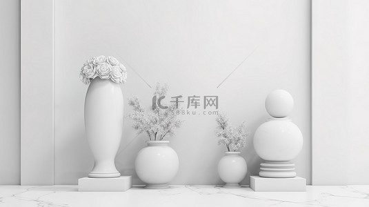 美容夏季背景图片_时尚白色基座上展示花卉装饰的 3D 几何产品