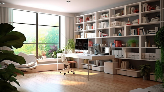 3D 渲染的时尚现代家庭办公空间