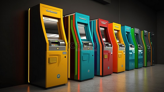 银行柜员背景图片_通过 3D 渲染描绘出一系列充满活力的 ATM 机