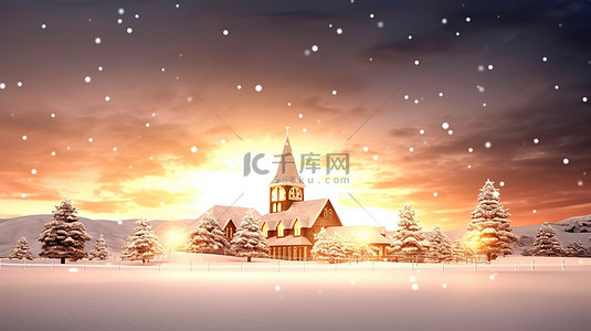 卡通节日背景元素背景图片_3D 渲染欢乐的圣诞场景，有教堂和装饰树