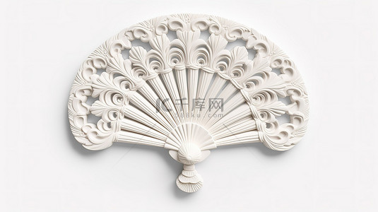 纯白色背景下粘土风格雕刻白色木手扇的 3D 渲染