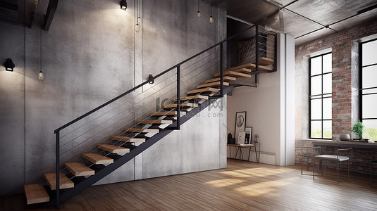 时尚的阁楼设计与 3D 渲染中的吊索楼梯