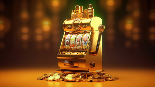 3D 渲染在线赌场老虎机与黄金背景说明赌博的快感