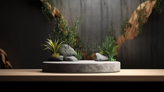 3D 渲染中带有石头和植物装饰的木地板讲台