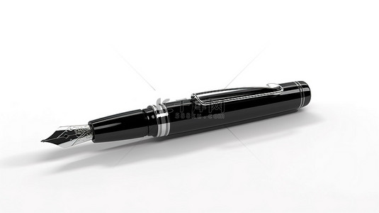 光滑的黑色墨水笔放置在 3D 渲染的干净白色表面上