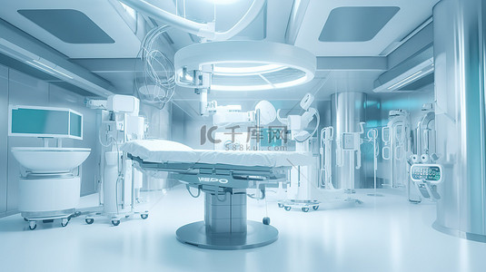 外科手术背景图片_带机械臂和医疗装备的无菌手术套件 3D 插图