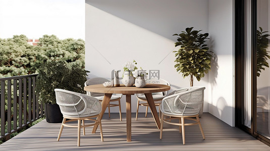 带户外餐桌和露台的斯堪的纳维亚现代阳台的 3D 渲染插图