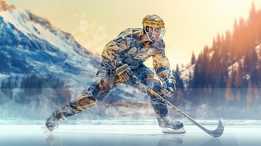 雪森林背景图片_3D 渲染的多边形风格插图，显示曲棍球运动员在森林和山脉中的溜冰场上滑行