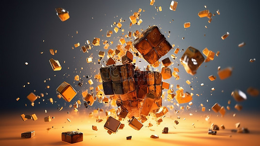 背景破碎背景图片_游戏立方体爆炸破碎碎片在 3D 插图中飞翔