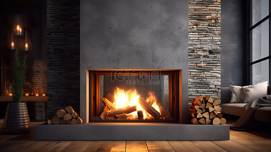 现代壁炉与阁楼灵感设计逼真的火箱和燃烧原木 3D 渲染