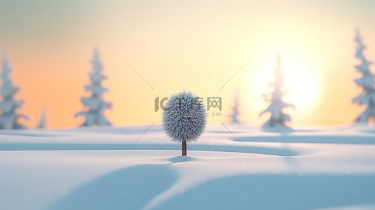 迷人的卡通圣诞树覆盖着雪，晨光照亮 3D 渲染