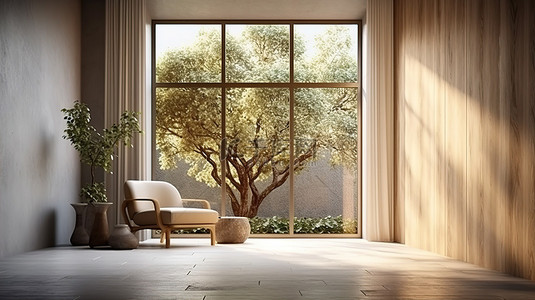 家具门背景图片_树背景上的木椅是一间现代豪华房间，采用 3D 渲染，配有大窗户和门