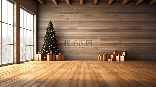 节日圣诞节场景 3D 渲染一棵树，并在废弃房间的木板上展示礼物