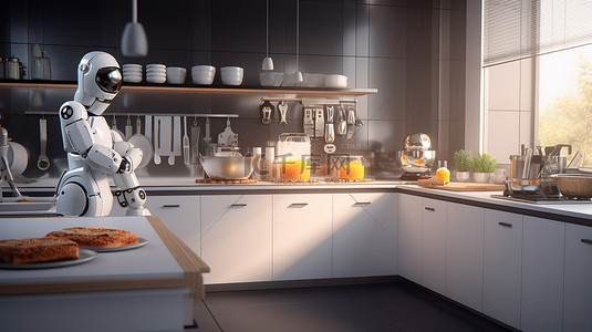 家用机器人背景图片_厨房正在烹饪 3D 渲染的机器人厨师在行动