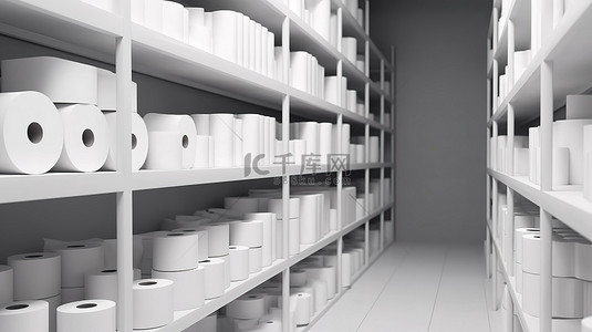 用 3D 渲染在商店货架上展示白色卫生纸包装