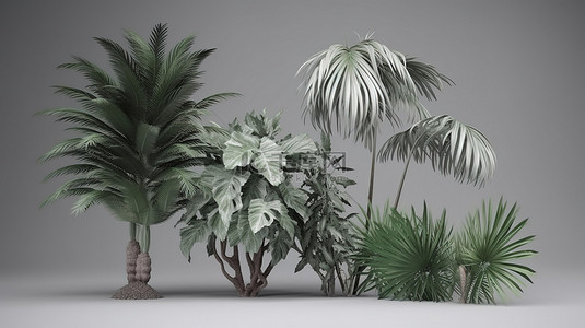 以 3d 渲染并设置在灰色背景下的热带植物