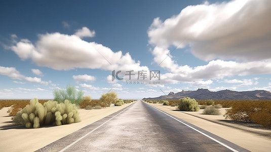 令人惊叹的 3D 渲染风景优美的户外景观，在蓬松的云层翠绿的森林和广阔的沙漠高速公路之间有一条孤立的道路