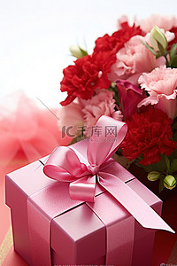 一个红色和粉色的礼品盒，旁边放着鲜花和丝带