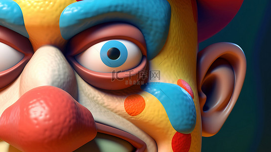 卡通小丑脸的特写 3D 渲染图像