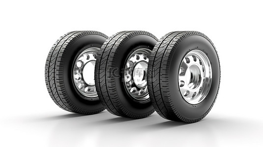 轮胎背景图片_白色样机上四个独立重型卡车轮胎的 3D 渲染