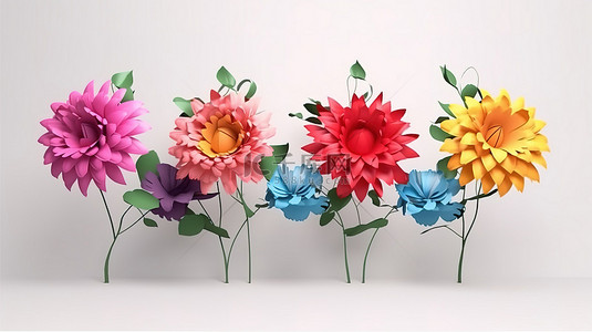婚礼边框花朵背景图片_以卡通风格在白色背景上隔离的角卡或展示装饰的 3d 渲染花卉布置