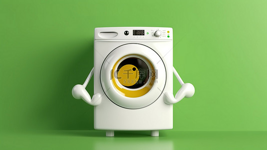 信号发射背景图片_黄色背景的 3D 渲染，带有现代白色洗衣机角色吉祥物和交通绿灯