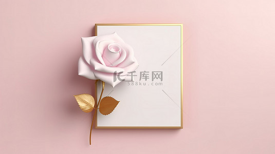 粉红玫瑰情人节概念 3d 渲染金框空白白纸