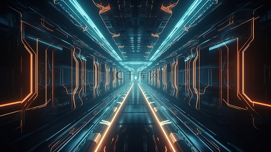 发光霓虹灯条纹中的对称几何设计移动 4k 超高清隧道中的未来派 3D 插图
