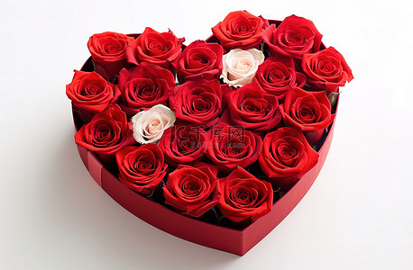 白色背景中心形盒子里的心形红玫瑰